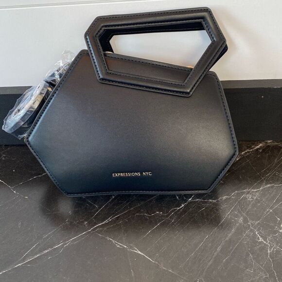 Expressions NYC Black Crossbody Handbag In A Unique Hexagon Shape - Picture 1 of 9